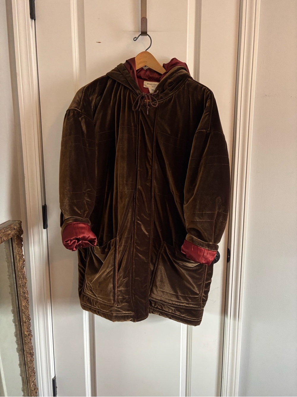 Jones New York Brown Velvet Hooded Puffer with Red Lining